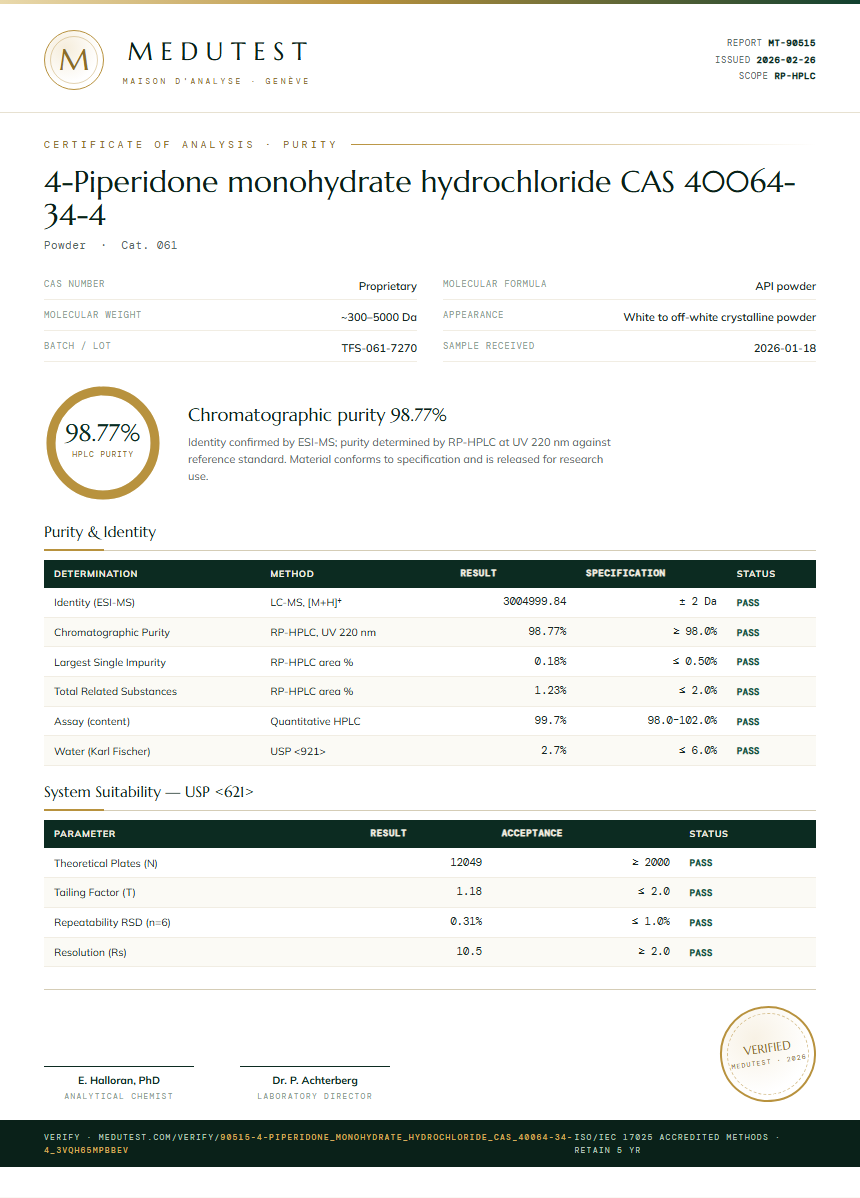 4-Piperidone monohydrate hydrochloride CAS 40064-34-4 Purity (HPLC) report by Medutest