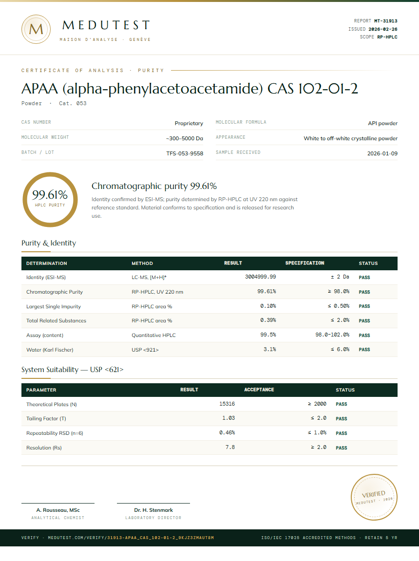 APAA (alpha-phenylacetoacetamide) CAS 102-01-2 Purity (HPLC) report by Medutest