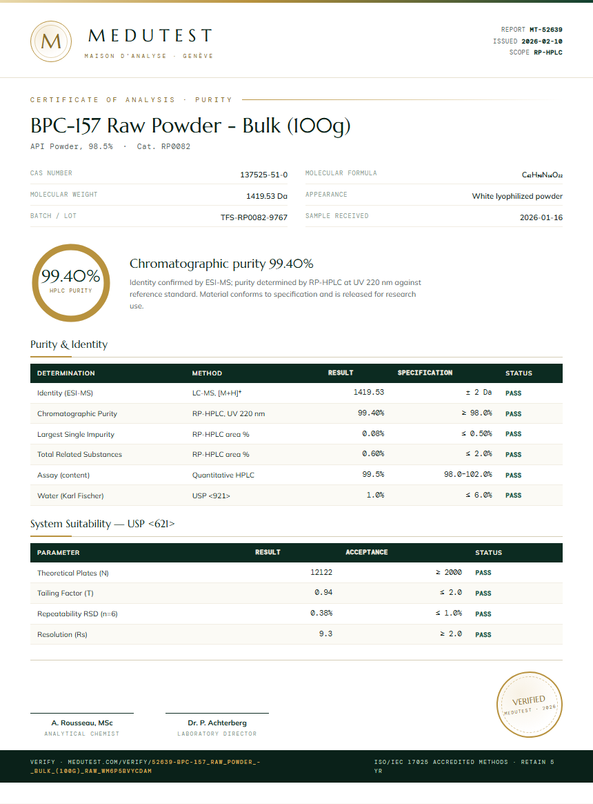 BPC-157 Raw Powder - Bulk (100g) Purity (HPLC) report by Medutest