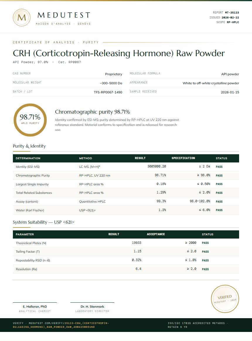 CRH (Corticotropin-Releasing Hormone) Raw Powder Purity (HPLC) report by Medutest