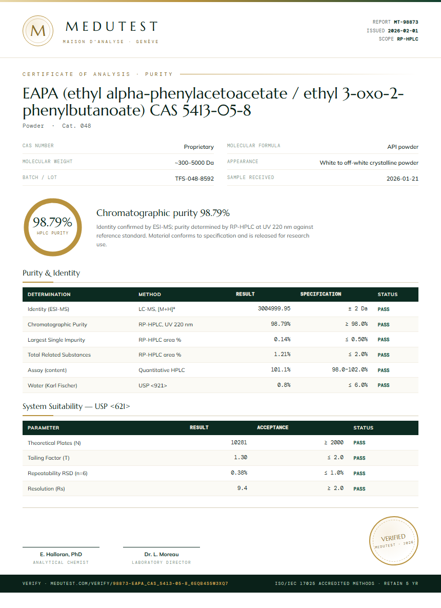 EAPA (ethyl alpha-phenylacetoacetate / ethyl 3-oxo-2-phenylbutanoate) CAS 5413-05-8 Purity (HPLC) report by Medutest