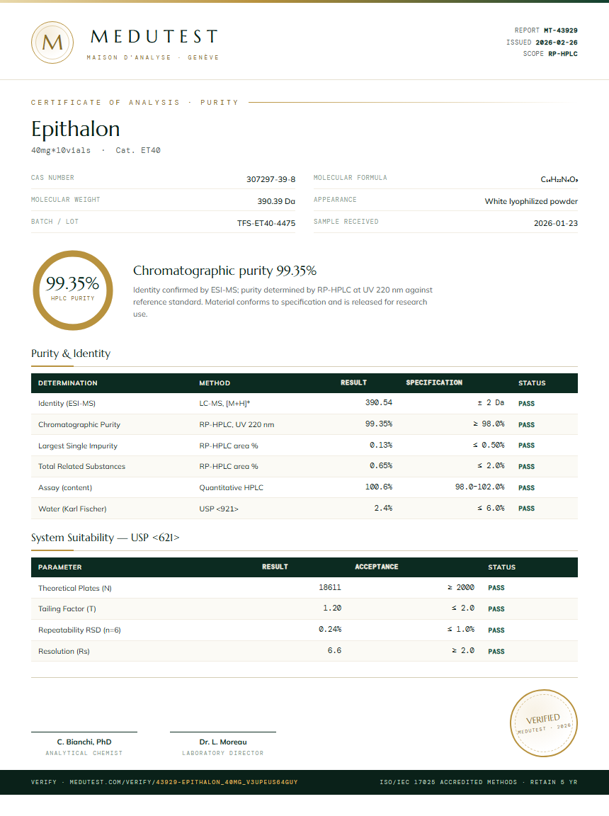 Epithalon Purity (HPLC) report by Medutest