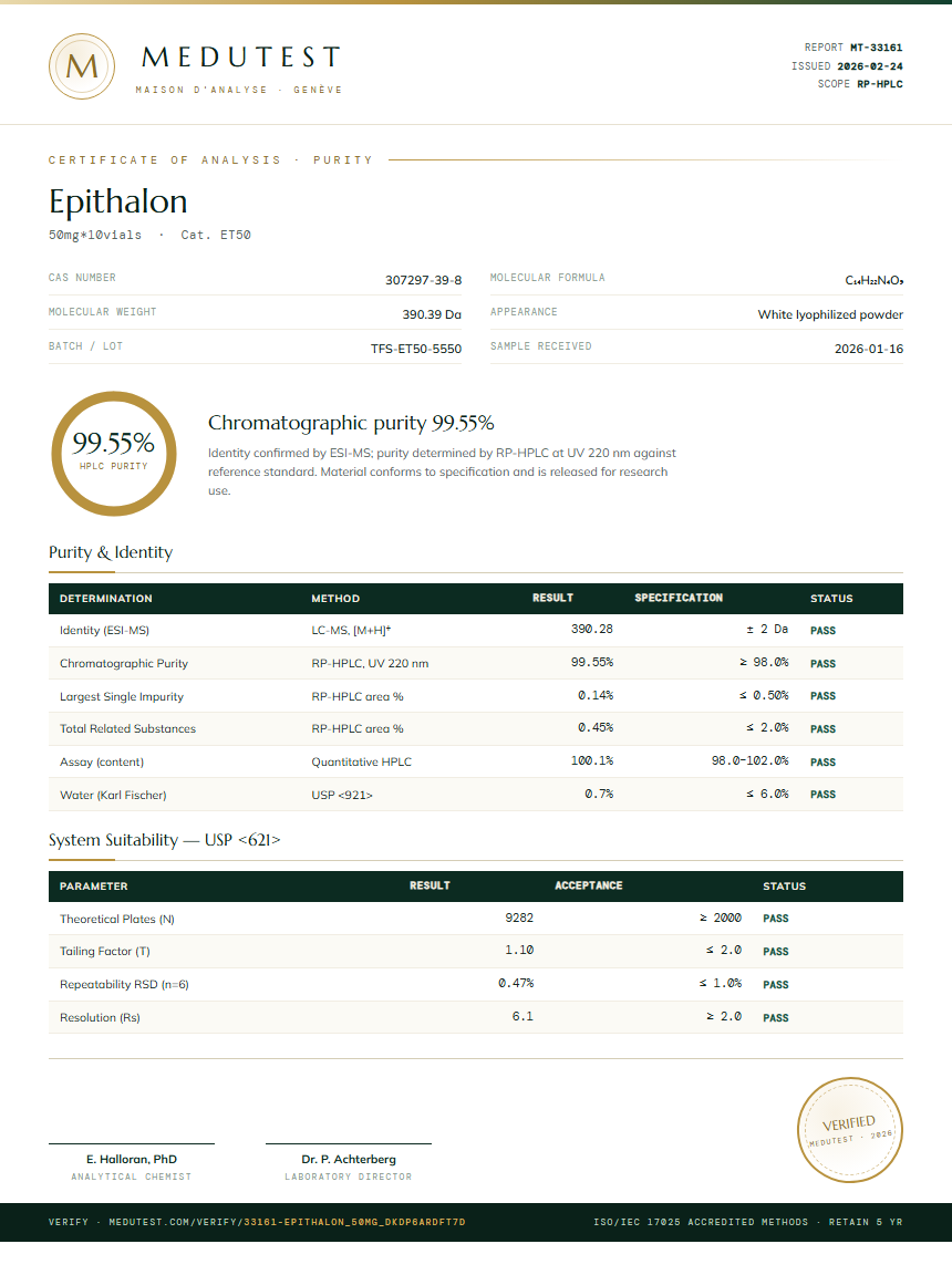 Epithalon Purity (HPLC) report by Medutest