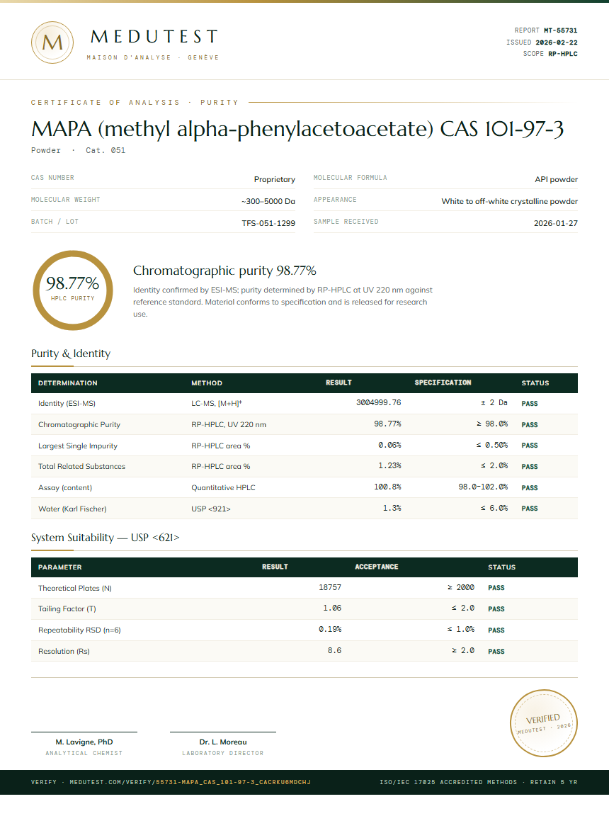 MAPA (methyl alpha-phenylacetoacetate) CAS 101-97-3 Purity (HPLC) report by Medutest