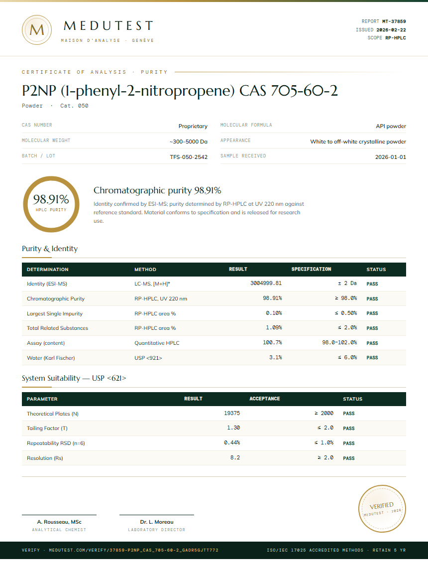 P2NP (1-phenyl-2-nitropropene) CAS 705-60-2 Purity (HPLC) report by Medutest