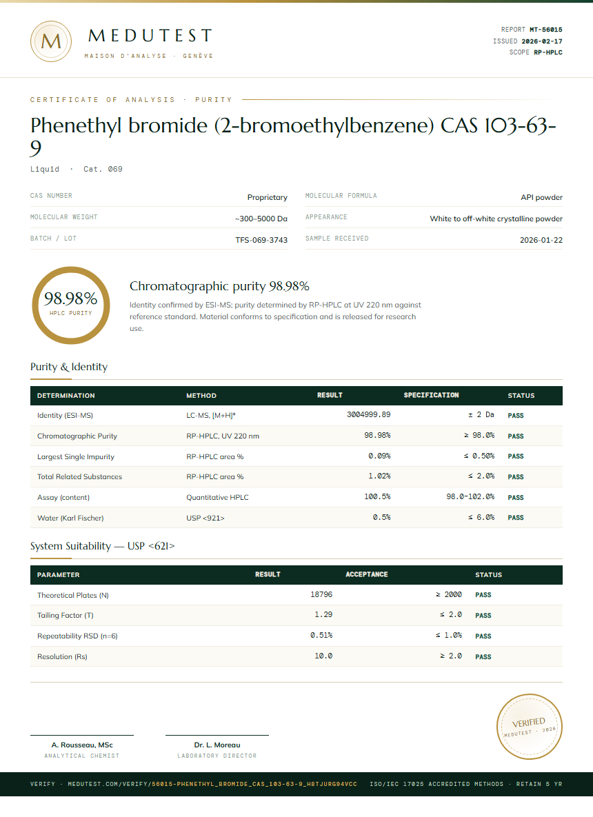 Phenethyl bromide (2-bromoethylbenzene) CAS 103-63-9 Purity (HPLC) report by Medutest