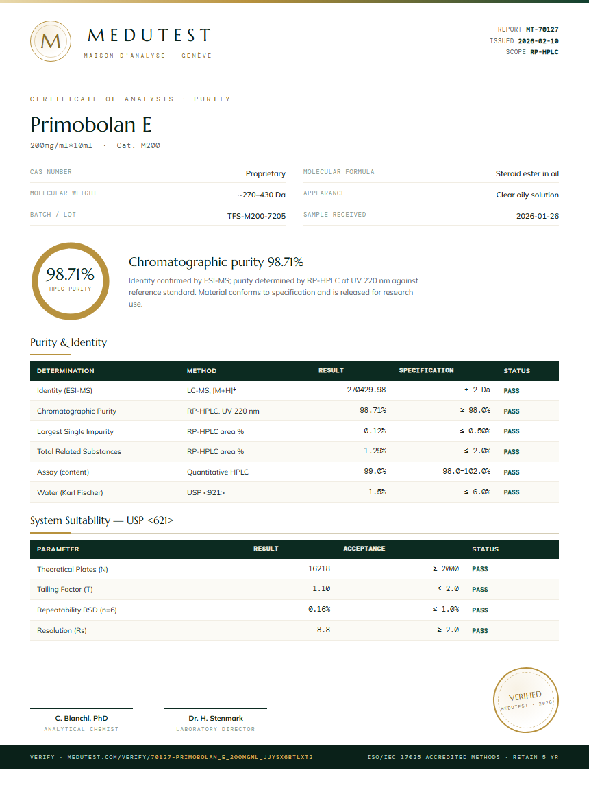 Primobolan E Purity (HPLC) report by Medutest
