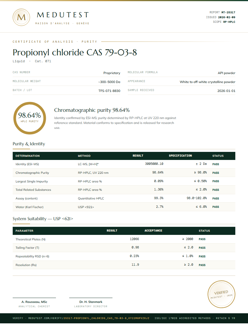 Propionyl chloride CAS 79-03-8 Purity (HPLC) report by Medutest