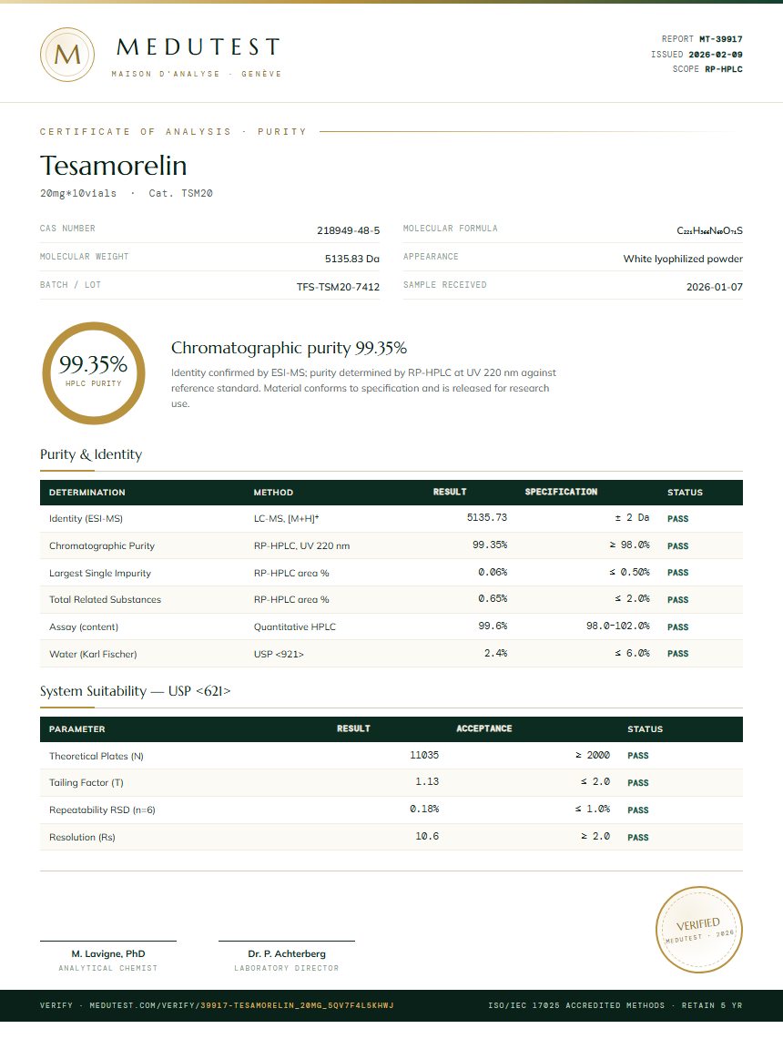 Tesamorelin Purity (HPLC) report by Medutest