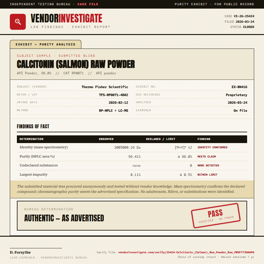 Calcitonin (Salmon) Raw Powder Purity (HPLC) report by VendorInvestigate