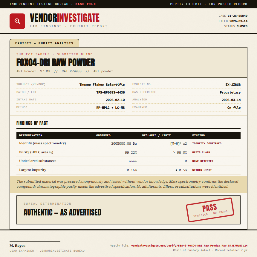 FOXO4-DRI Raw Powder Purity (HPLC) report by VendorInvestigate