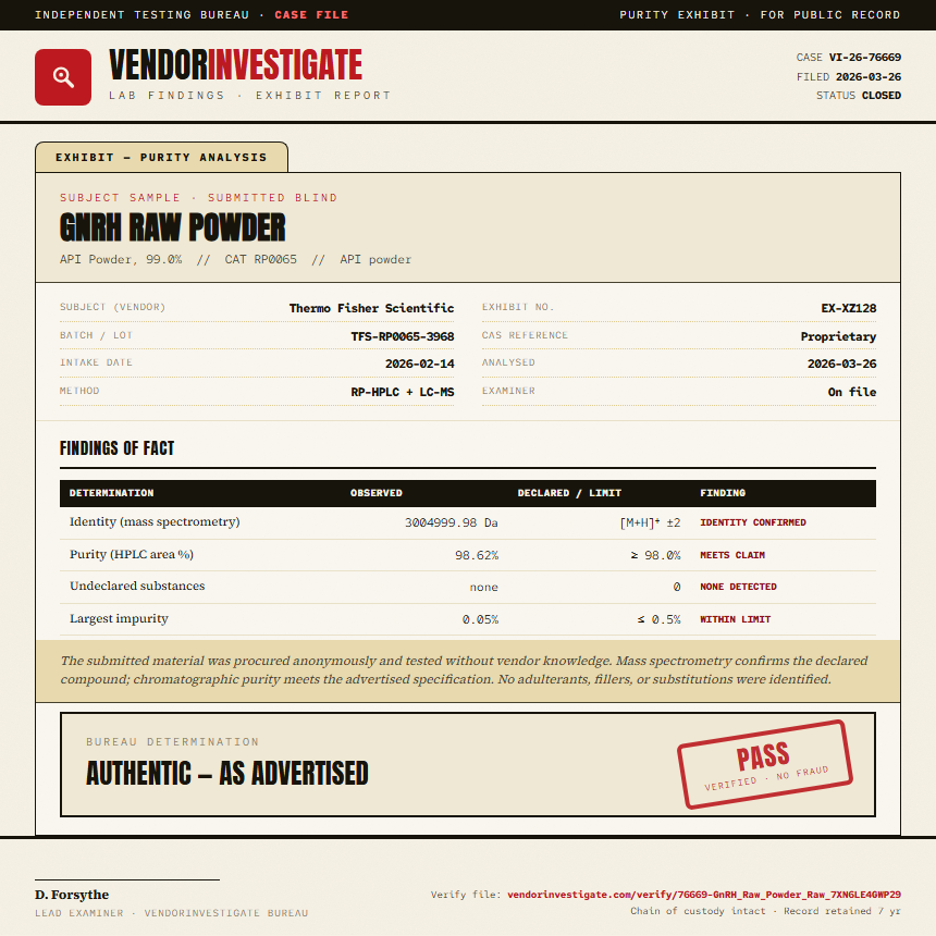 GnRH Raw Powder Purity (HPLC) report by VendorInvestigate