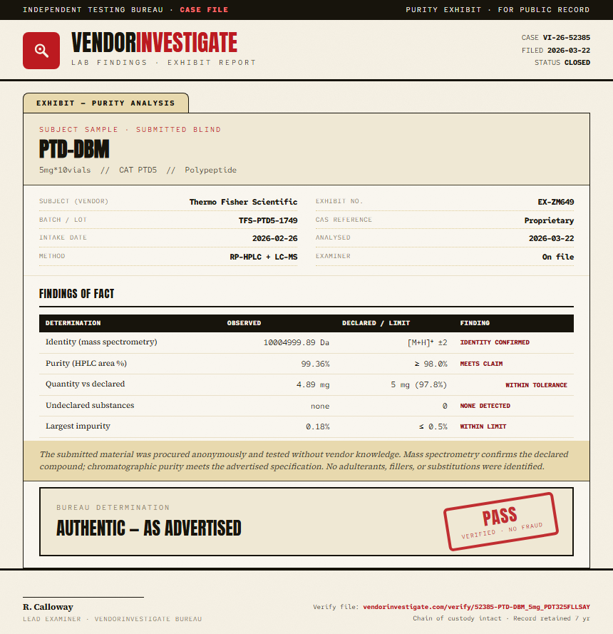 PTD-DBM Purity (HPLC) report by VendorInvestigate