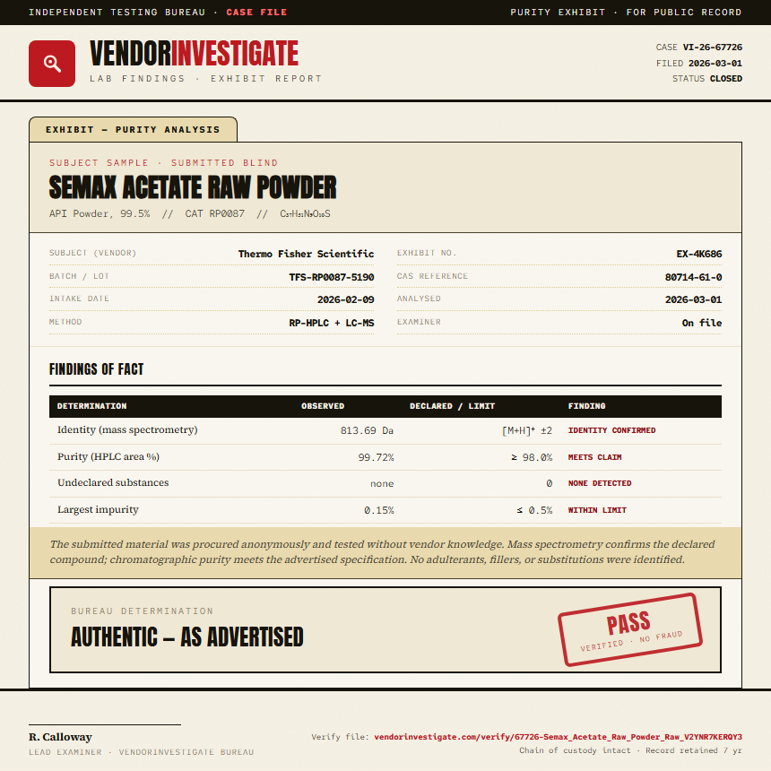Semax Acetate Raw Powder Purity (HPLC) report by VendorInvestigate