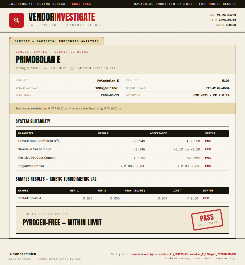 Primobolan E Endotoxin report by VendorInvestigate